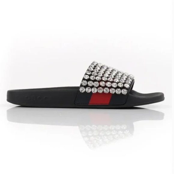 Gucci Crystal Embellished Web Slide Sandals Calfskin Leather and Rubber NEW - Picture 2 of 10